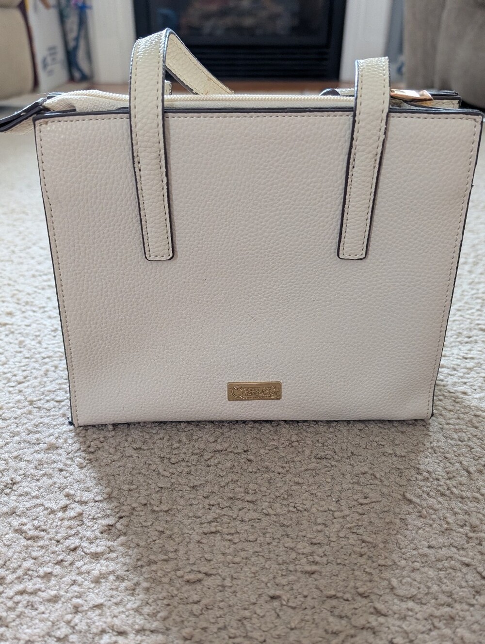 Carlos White Pebbled Structured Tote Bag with Gold Accent - Women Bags